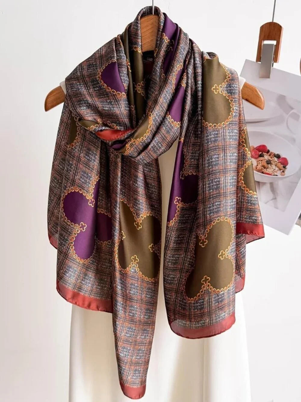Women's Purple Lightweight Silk Like Scarves Flower Print Head Cotton Wrap Scarf